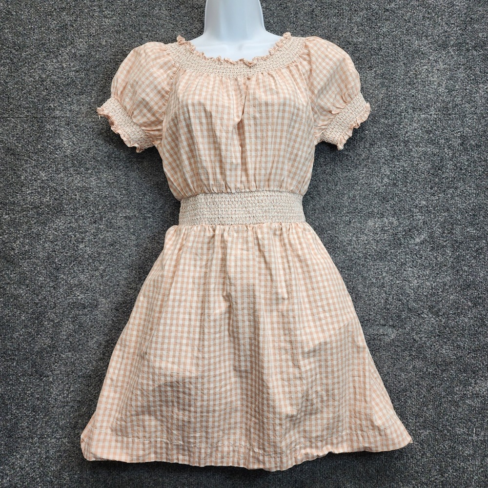 J.Crew Gingham Smocked Waist Dress Women XS Peach White Cottagecore Preppy Mini